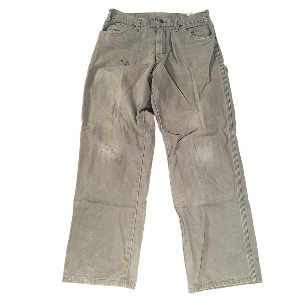 Dickies Carpenter Jeans Mens 32x30 Olive Green Workwear Cotton Distressed